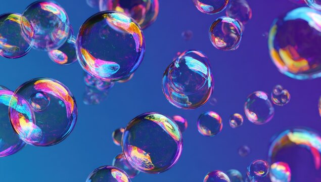 Iridescent spheres drift and shimmer against a gradient blue and purple backdrop