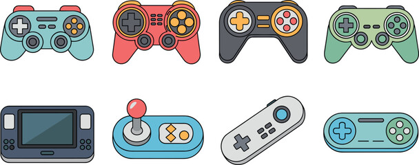 Retro game controllers and modern gamepad line icons vector set for gaming entertainment design © Afroja