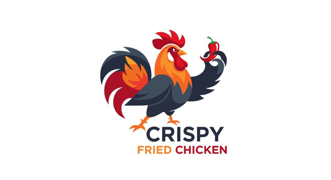 Vibrant rooster logo for Crispy Fried Chicken brand, holding a red chili pepper.
