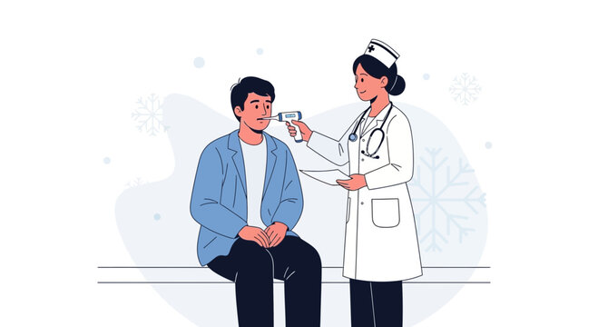 Nurse checks patient's temperature with digital thermometer, medical healthcare concept