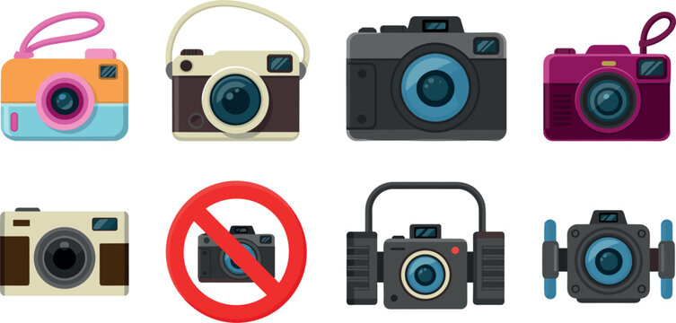 Retro photo cameras and no photography forbidden warning sign vector icons set for studio design