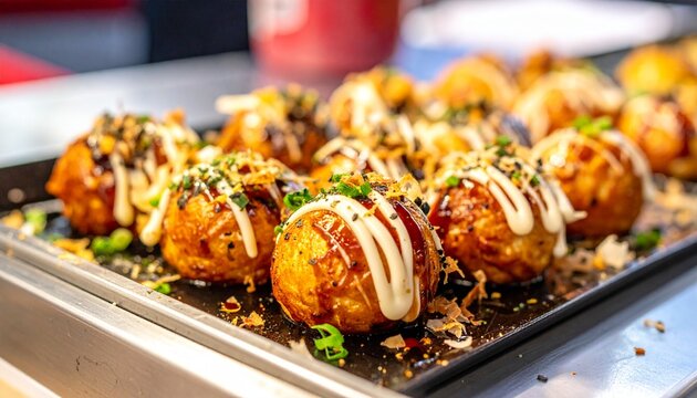 Japanisches Takoyaki mit Oktopus und Bonitoflocken