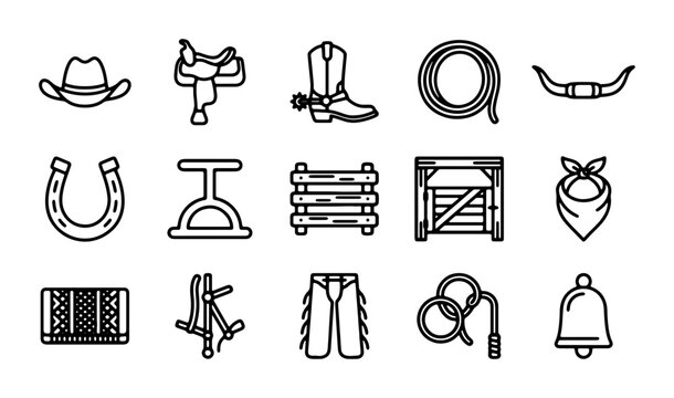 Western Cowboy Icons Set: Rodeo, Ranch, and Wild West Vector Graphics Collection