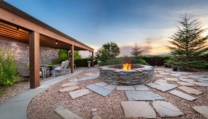Obraz premium fstunning backyard hardscape featuring a stone patio fire pit and pergola creating a perfect outdoor living space with natural stone accents and a cozy ambianceuu