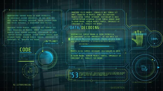 Futuristic HUD Interface Displaying Data Decoding Process with Digital Elements