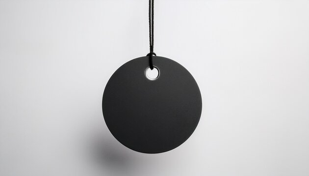 a black circular tag suspended by a thin line on a plain white background