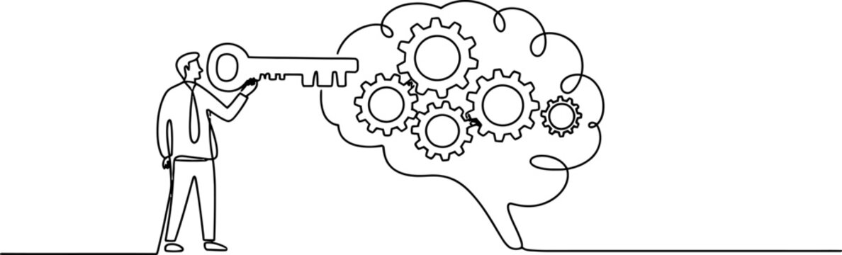 Business man holding a large key to unlock human brain with gear cogs inside as a symbol of intelligence and creative problem solving in a simple line art Vector, illustration