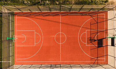 Basketball Court Aerial Drone View, Top Down Sport Concept, Outdoor Playground Field Background Geometry Texture Pattern Landscape © RetoricMedia
