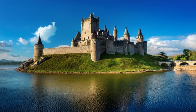 a majestic medieval stone castle with tall towers and defensive walls situated on a green hill near the water