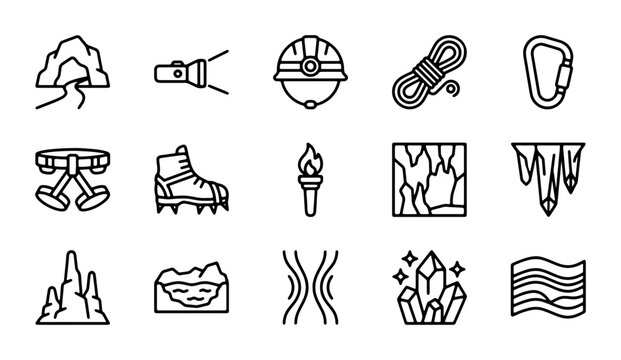 Cave Exploration Icons Set, Speleology Equipment Vector Graphics, Adventure Gear Symbols, Geology Elements, Outdoor Activity Line Art Collection