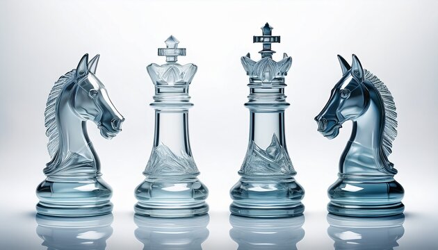four transparent chess pieces king bishop pawn and knight on white