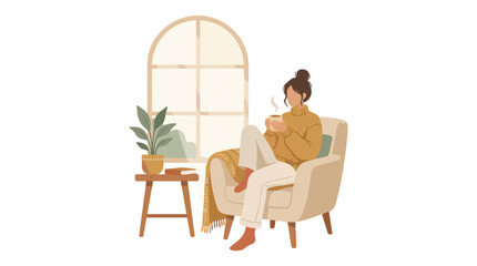 Fototapeta premium A woman relaxing in a comfortable armchair with a hot beverage by a window.