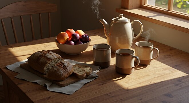 Breakfast table with bread fruit teapot and cups in natural sunlight