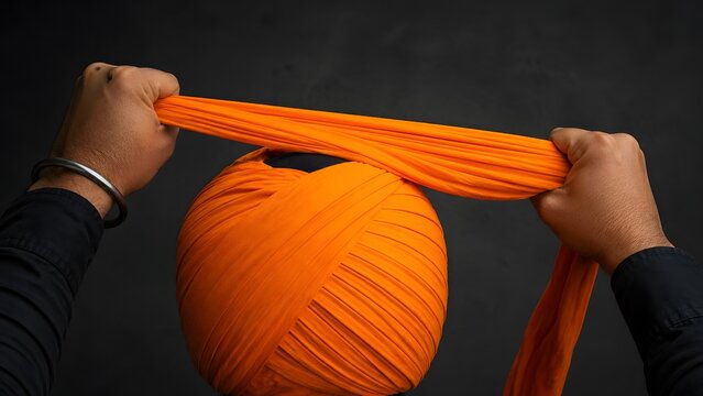 Closeup of a man wrapping an orange turban on his head with both hands in front of a dark background wearing a black shirt