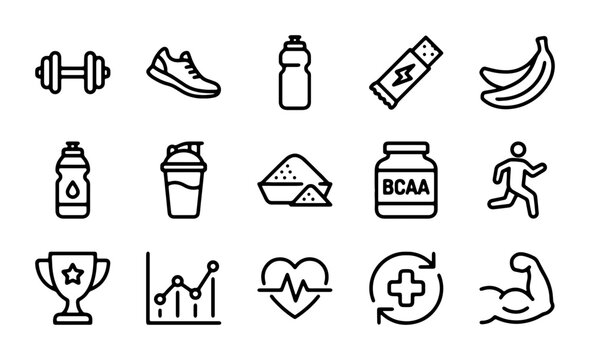 Fitness and Nutrition Icons Set: Dumbbell, Running Shoe, Water Bottle, Protein Bar, Banana, Shaker, Supplement Powder, BCAA Jar, Runner, Trophy, Graph, Heartbeat, Health Symbol, Bicep Muscle