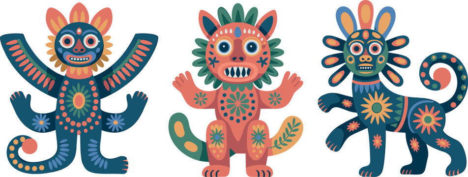 Traditional Mexican alebrijes folk art mythical creatures cartoon vector icons set for cultural design