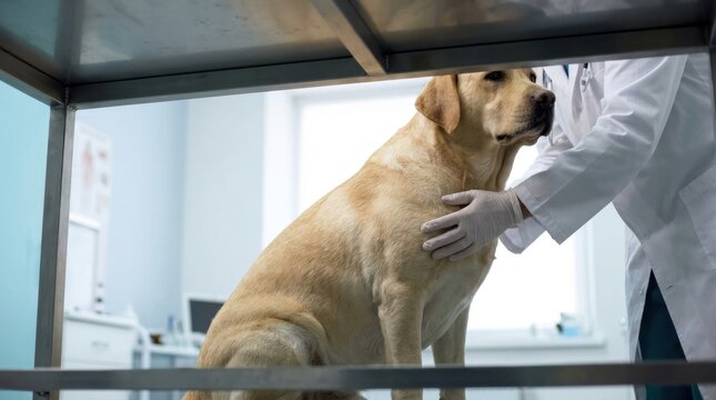 Veterinarian in white coat and gloves examining a golden Labrador dog on an examination table