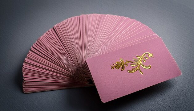 a stack of pink business cards with a gold leaf logo fanned out on a grey surface