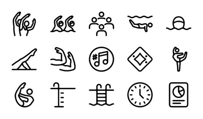 Fototapeta premium Synchronized Swimming Icons Set, Aquatic Sports Line Art Collection, Water Ballet Symbols, Pool Activities Graphics, 15 Vector Elements for Design