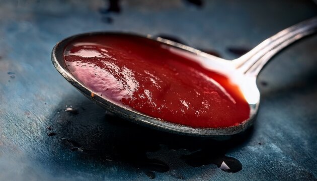 a macro view of a used metal spoon covered in red sauce stains resting on a dark kitchen counter