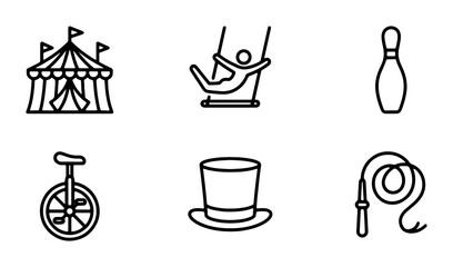 Circus Icons Set: Carnival Tent, Swing, Bowling Pin, Unicycle, Top Hat, Whip, Vector Graphics for Entertainment and Fun © Tufan