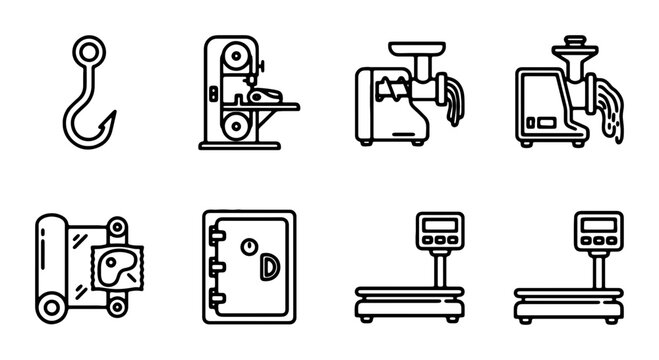 Industrial Equipment Icons: Meat Grinder, Scale, Hook, Safe, Butcher Machine, Vector Set for Food Processing and Security