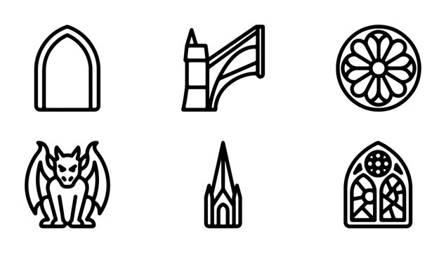Gothic Architecture Icons Set, Medieval Building Elements, Religious Symbols, Gargoyle and Rose Window Vector Graphics