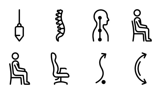 Ergonomics and Posture Icons Set: Spine, Sitting, Plumb Bob, Office Chair, Body Alignment, Curve Arrows