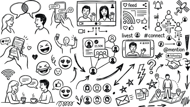 Social Media and Networking Icons, Hand-Drawn Doodle Style, Black and White Illustration, Digital Communication, Online Interaction, Vector Art