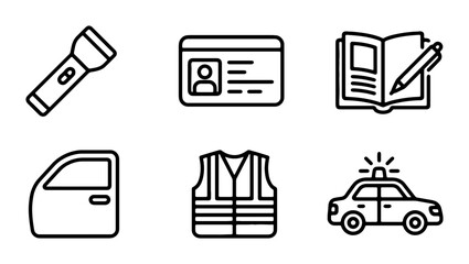 Essential Safety and Security Icons: Flashlight, ID Card, Open Book, Car Door, Vest, Police Car Vector Set © Ratul
