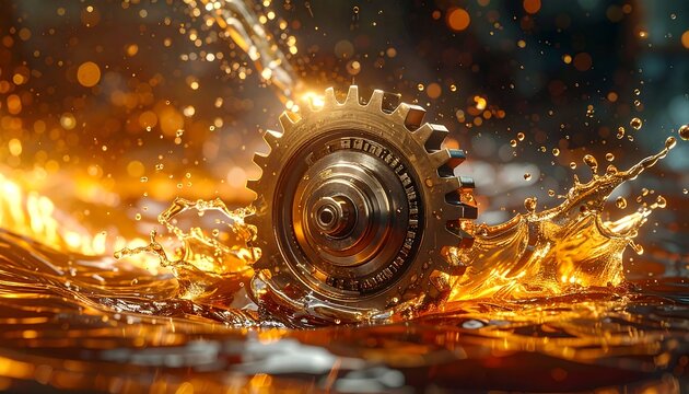 Close-up of a golden gear submerged in oil, splash effect with light reflecting on the gear. Fluid creates a dynamic, oily surface