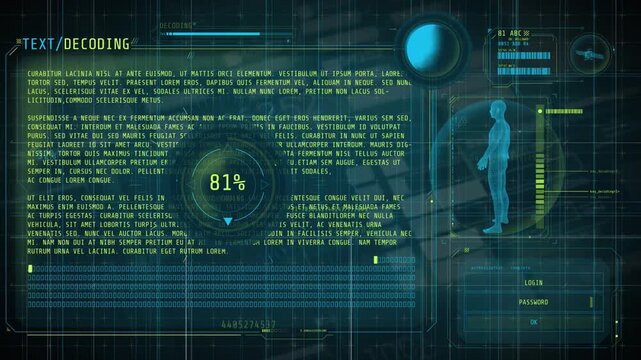 Futuristic cyber security HUD interface showing data decoding process with matrix binary code, rotating elements, and 3D human body scan.