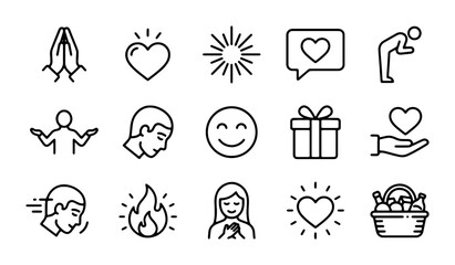 Fototapeta premium Vector Icon Set: Gratitude, Love, and Positive Emotions Collection, 15 Simple Line Graphics for Expressing Appreciation and Well-being