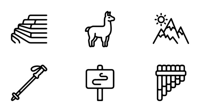Andean Culture Icons: Machu Picchu Terraces, Llama, Mountains, Trekking Pole, Signpost, Pan Flute, South America Travel Symbols