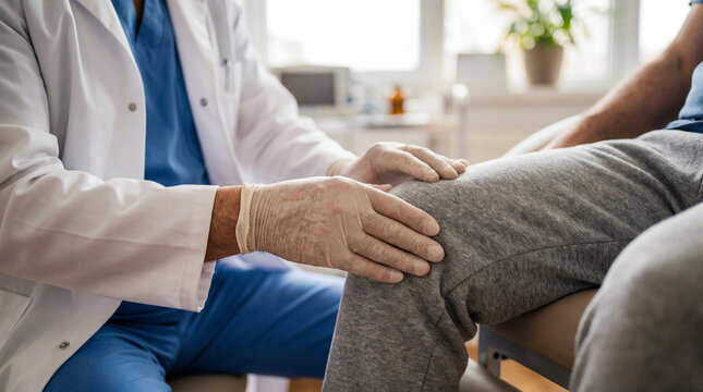 Close-up of doctor's gloved hands examining a patient's knee during a medical consultation and check-up in a clinic
