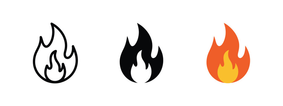 Fire flame symbol vector with burning fireball icon for energy, power, and warning graphic illustration projects.