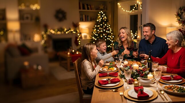 Happy multi-generational family celebrating a festive christmas dinner at home