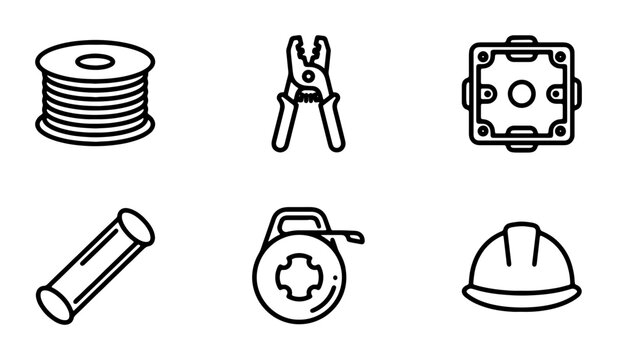 Electrical Tools and Supplies Vector Icons Set: Wire Spool, Pliers, Junction Box, Conduit, Measuring Tape, Hard Hat for Construction and DIY Projects