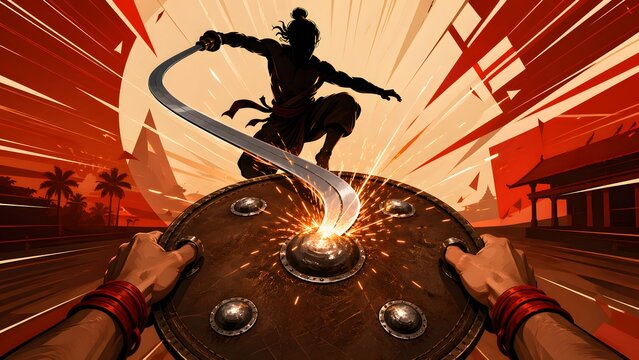 Ancient warrior in dynamic pose with sword and shield sparks flying