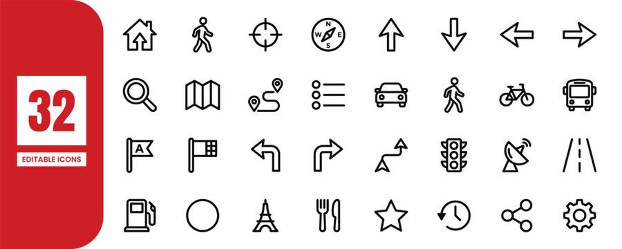Editable icons for navigation transportation and travel silhouette style
