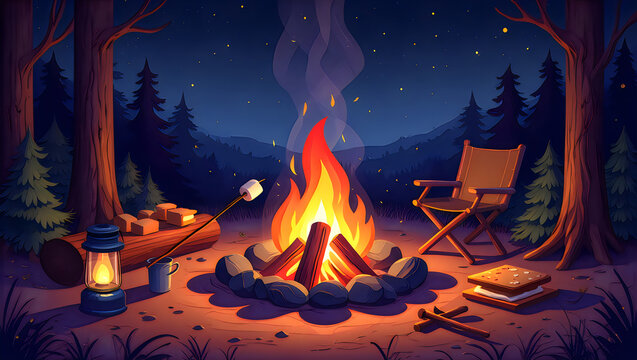 Nighttime campfire in forest setting for dad jokes Father Day fun