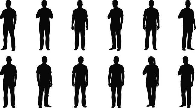 Silhouette set of people with hand on chest expressing patriotism honesty and heartfelt sincerity collection of male and female figures in casual t-shirt and jeans isolated vector graphic