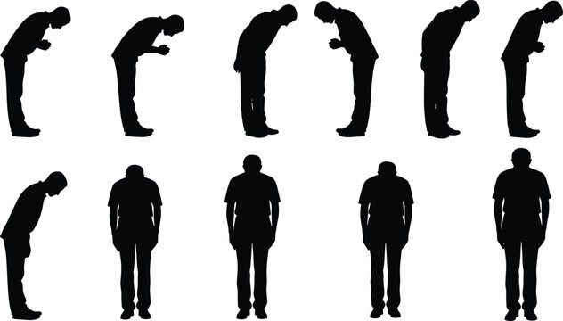 Silhouette set of a man bowing and praying in casual clothing, collection of male figures showing respect, apology, and traditional greeting isolated vector graphic.