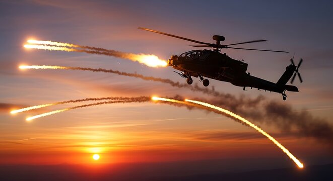 Attack helicopter firing flares during sunset