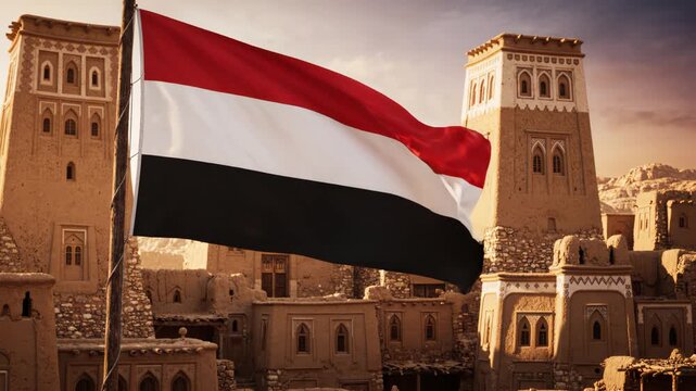 Yemen flag waving in front of traditional buildings