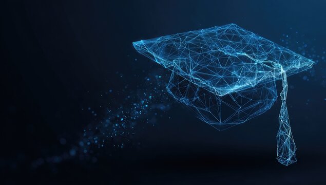 Digital graduation cap composed of glowing blue geometric lines and particles