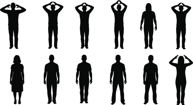 Silhouette set of people standing and gesturing with hands on head, collection of male and female figures showing stress, thinking, and neutral postures isolated vector graphic.