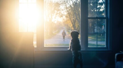 Fototapeta premium A furry dog stands on its hind legs looking out a window at a person walking down a sunlit path