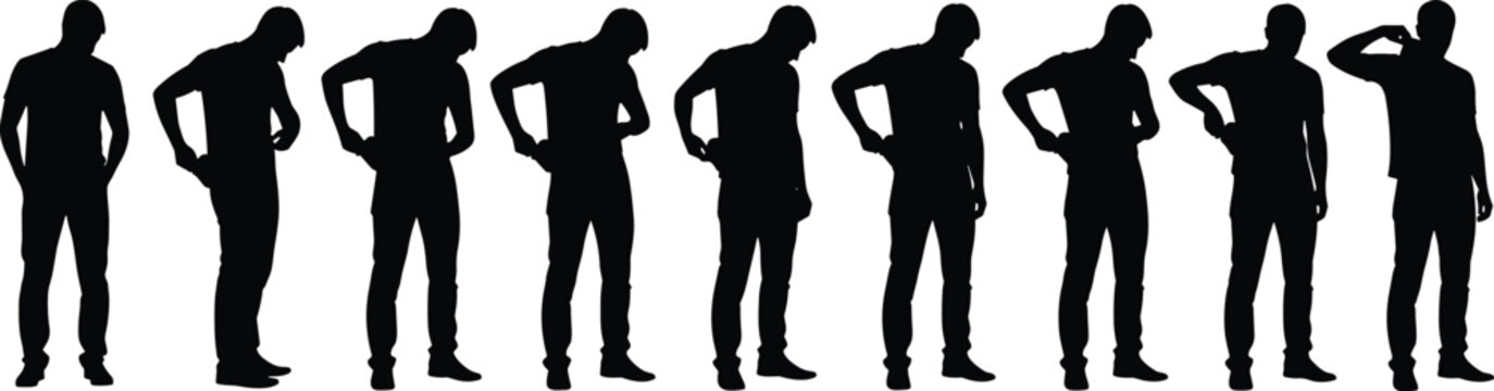 Silhouette set of a man standing and checking empty pockets, collection of male figures showing financial loss, poverty, and searching body language isolated vector graphic.