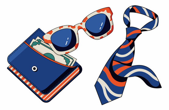 Blue wallet with cash stylish sunglasses and a striped necktie